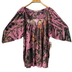 One World Butterfly Print Kimono Sleeve Top Pink Olive Sz XL Boho Festival